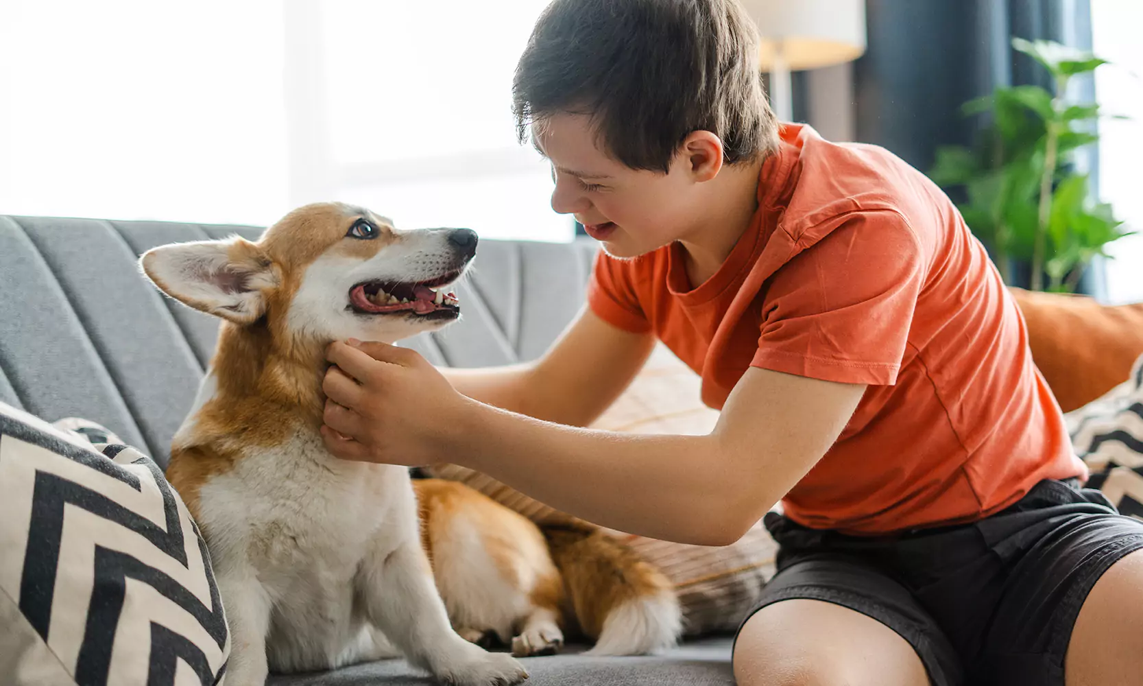 A young man with down syndrome is having fun with his dog on a couch indoors