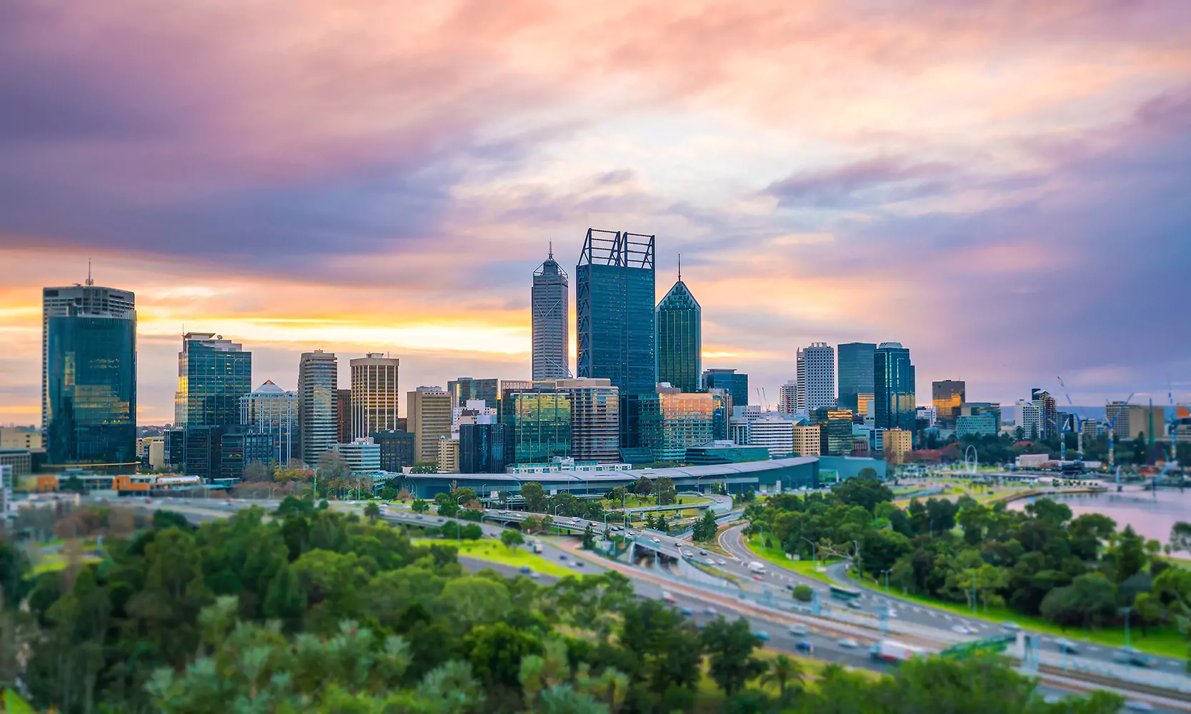 A photo of Perth's city skyline while the sun is setting
