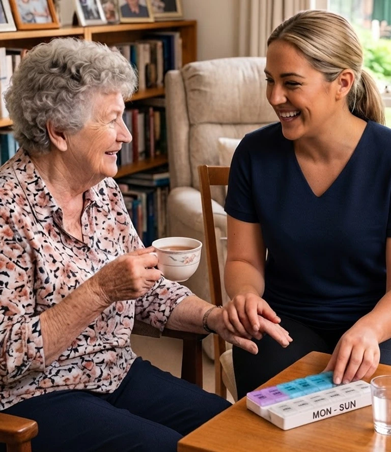 NDIS community nurse assisting elderly participant with daily medication management and organizer at home