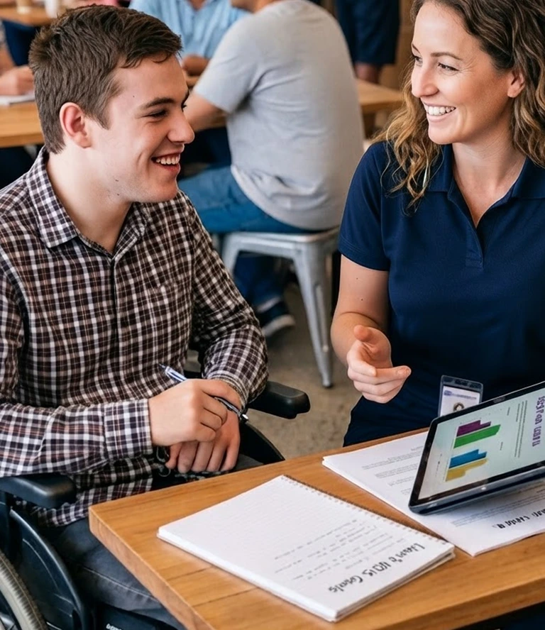 NDIS support coordinator reviewing NDIS plan goals on a tablet with a young male participant in a wheelchair