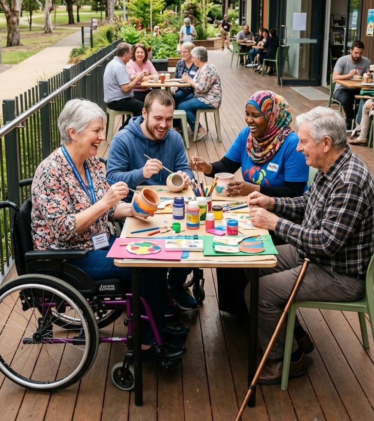 Myrtle Nursing Services Community Participation support worker and NDIS participants including a woman in a wheelchair painting pottery at an outdoor café in Perth.