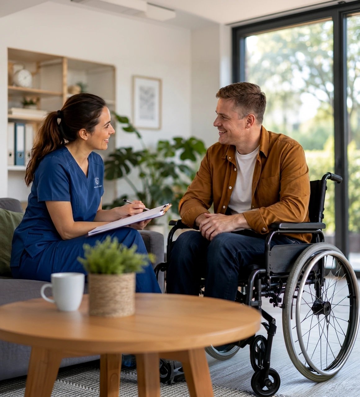 NDIS support coordinator reviewing NDIS plan goals on a tablet with a young male participant in a wheelchair