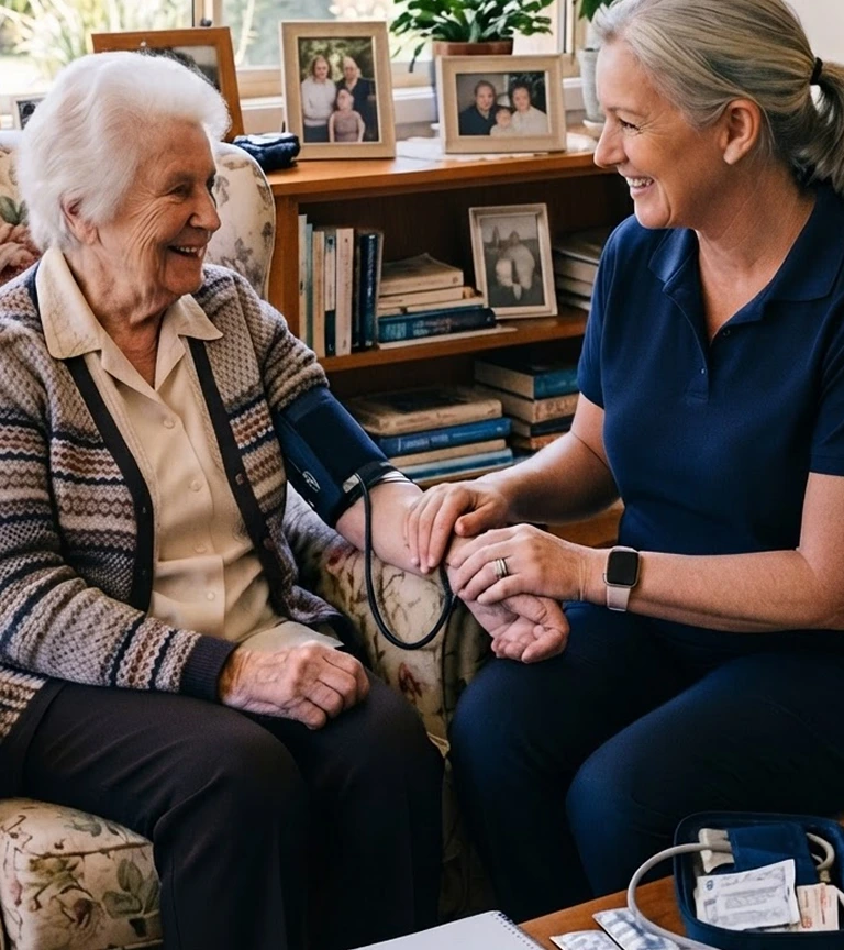 Registered NDIS community nurse conducting home health assessment and checking blood pressure of senior participant