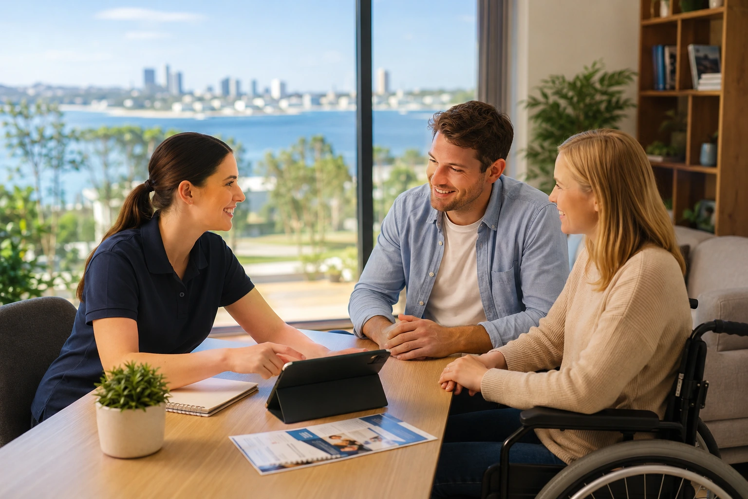 Myrtle Nursing Services support worker conducting an NDIS plan review and consultation on a tablet with an NDIS participant in a wheelchair and her family member in Perth.